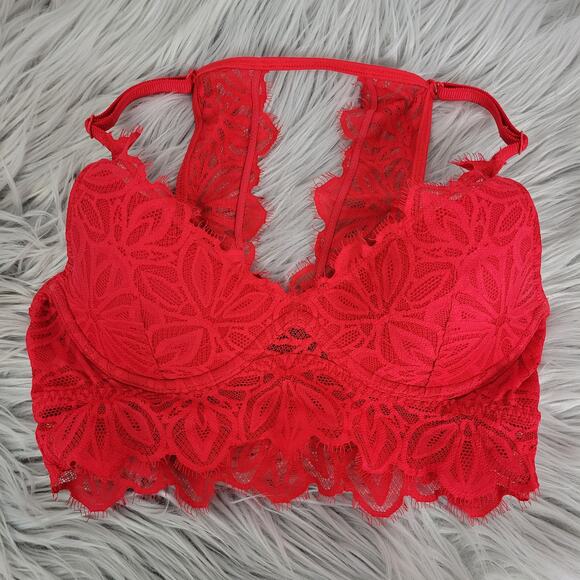 PINK Victorias Secret Padded Bra XS Red Lace Ruffle Trim Underwire Bralette - Picture 1 of 6